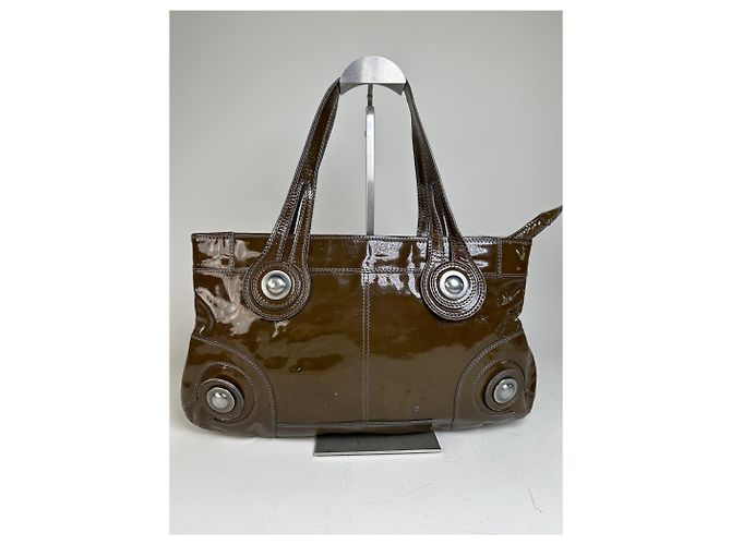 Tote Vintage Marni in pelle verniciata Marrone Scuro Argento - vista 2