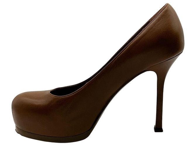 Décolleté con plateau Tribute in pelle marrone Saint Laurent - vista 3