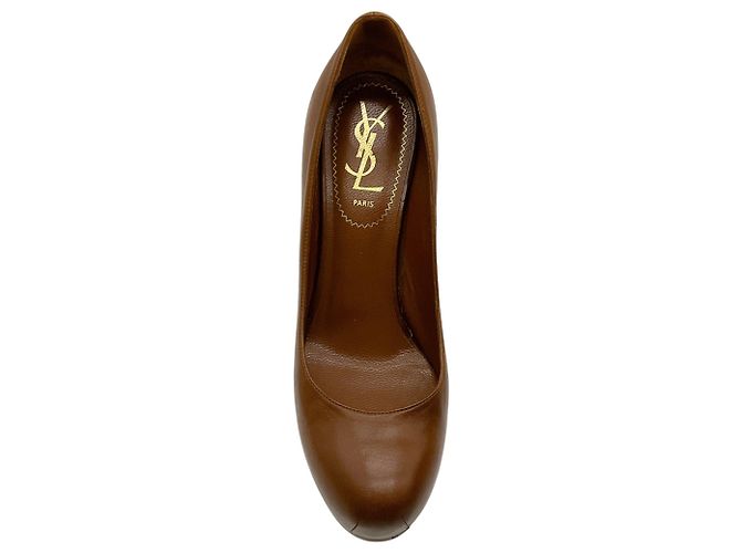 Décolleté con plateau Tribute in pelle marrone Saint Laurent - vista 4