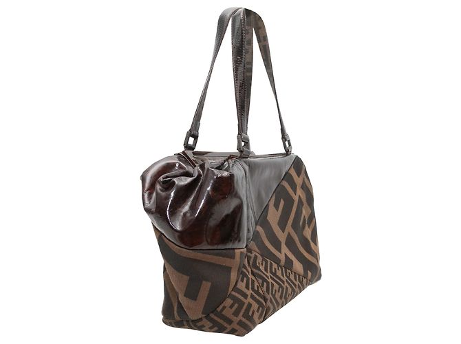 Borsa Boston Fendi Zucca & Patent Patchwork Marrone - vista 2