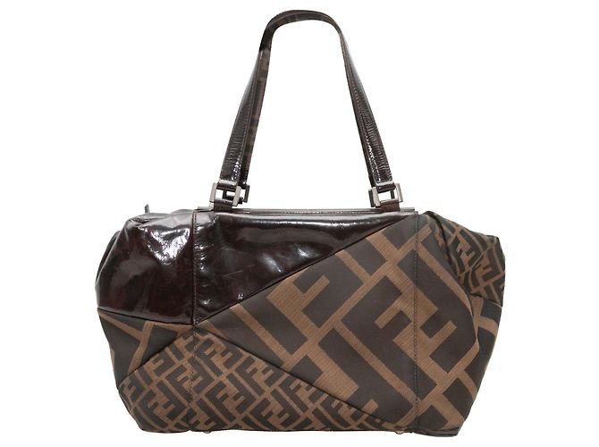 Borsa Boston Fendi Zucca & Patent Patchwork Marrone - vista 3