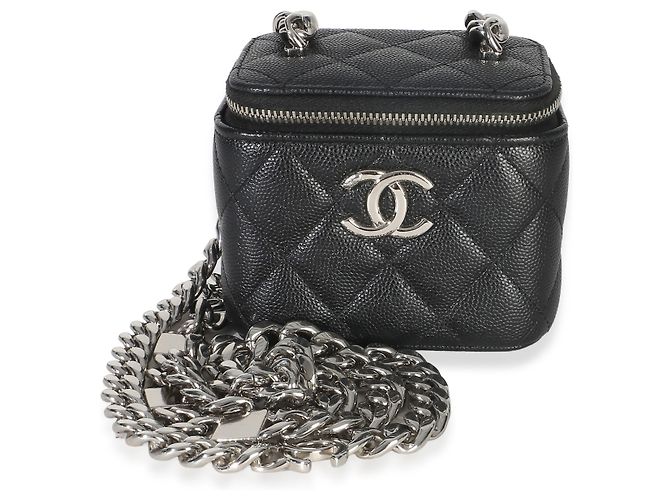 Mini Vanity Case Chanel en cuir Caviar matelassé noir avec chaîne Coco - vue 8
