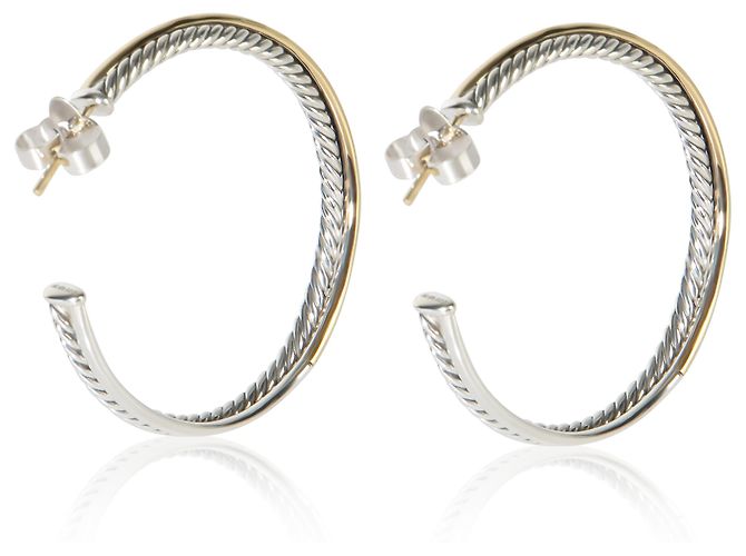 Orecchini a cerchio Crossover David Yurman in oro giallo e argento sterling - vista 2