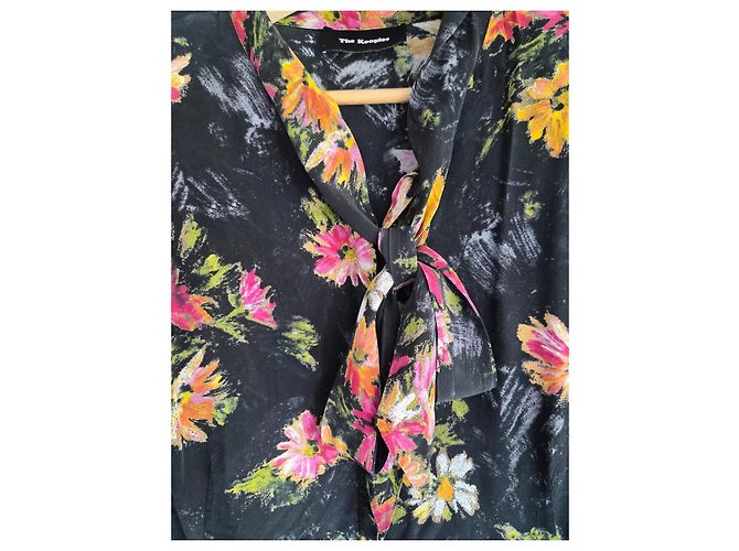 The Kooples Langes Kleid mit schwarzen Blumen Pink Weiß Grün Orange Gelb - Ansicht 2