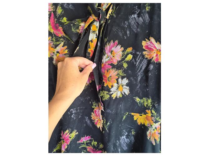 The Kooples Langes Kleid mit schwarzen Blumen Pink Weiß Grün Orange Gelb - Ansicht 3
