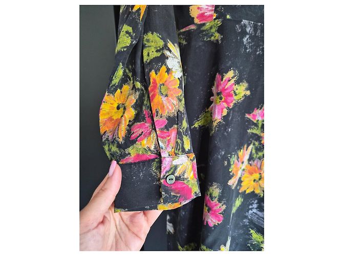 The Kooples Langes Kleid mit schwarzen Blumen Pink Weiß Grün Orange Gelb - Ansicht 4
