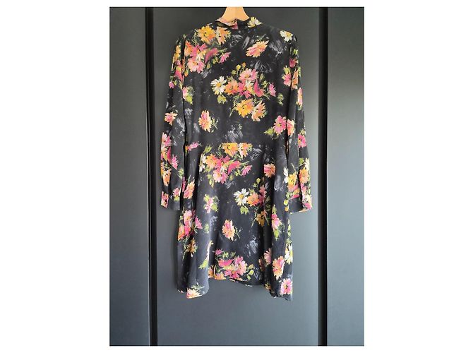 The Kooples Langes Kleid mit schwarzen Blumen Pink Weiß Grün Orange Gelb - Ansicht 7