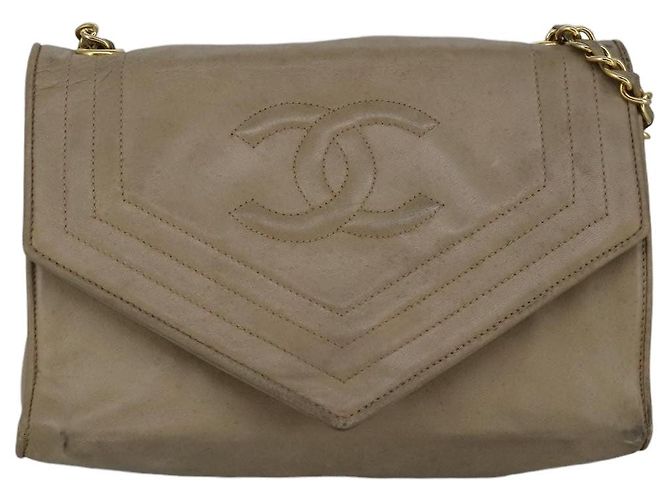 CHANEL Chain Shoulder Bag Lamb Skin Beige Gold CC - vista 13