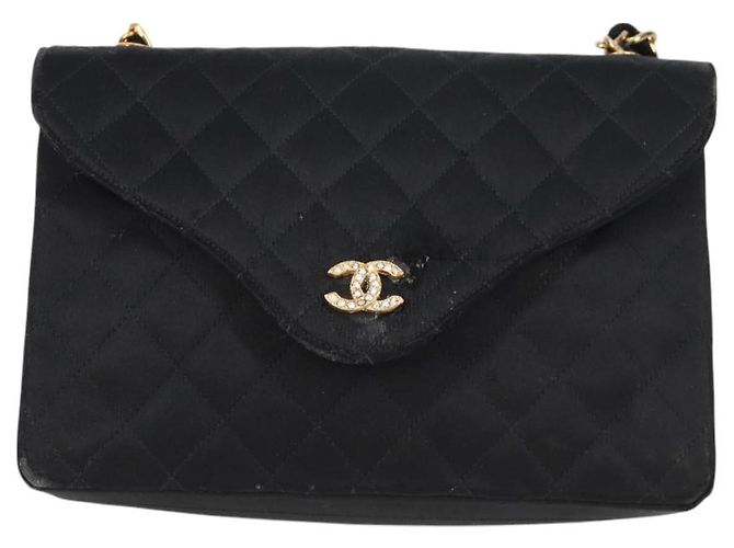 CHANEL Matelasse Chain Shoulder Bag Satin Black Gold CC - vista 2