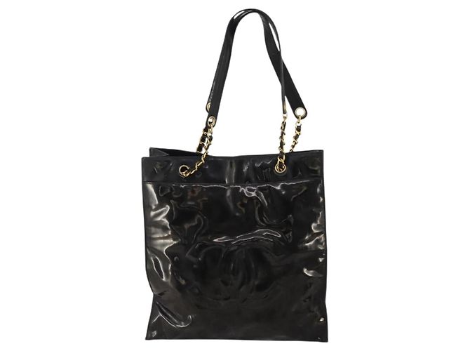 CHANEL Chain Tote Bag Patent Leather Black Gold CC - vista 13