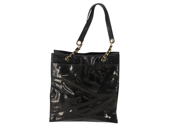 CHANEL Chain Tote Bag Patent Leather Black Gold CC - vista 2