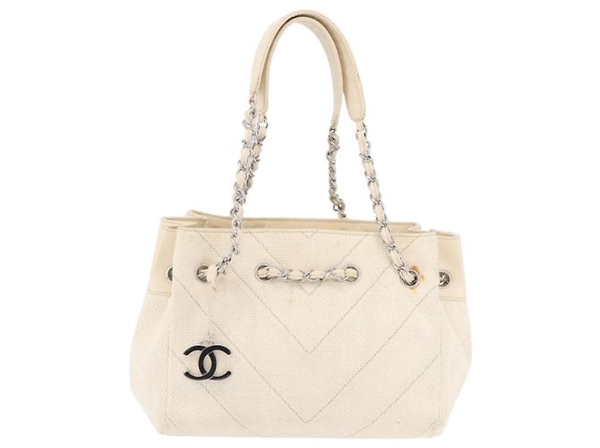 CHANEL Chain V Stitch Shoulder Bag Canvas Beige Silver CC - vista 13