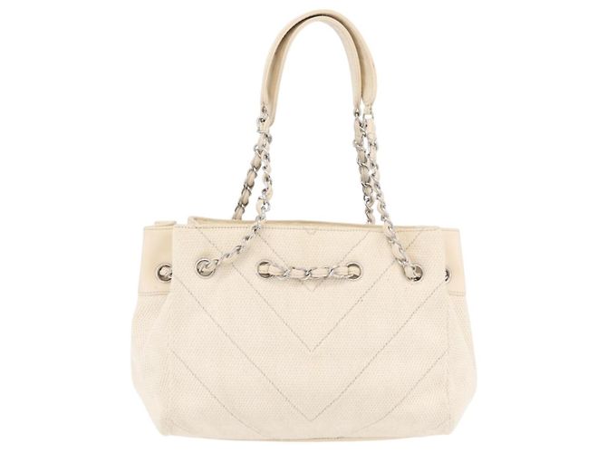 CHANEL Chain V Stitch Shoulder Bag Canvas Beige Silver CC - vista 2