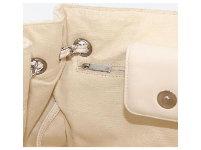 CHANEL Chain V Stitch Shoulder Bag Canvas Beige Silver CC - vista 20