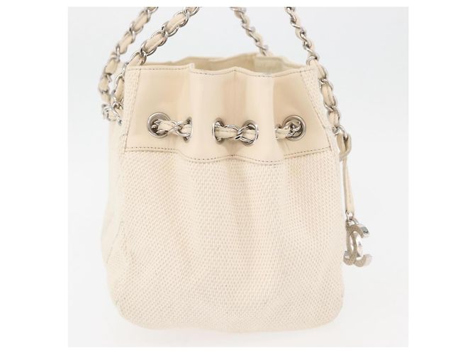 CHANEL Chain V Stitch Shoulder Bag Canvas Beige Silver CC - vista 4