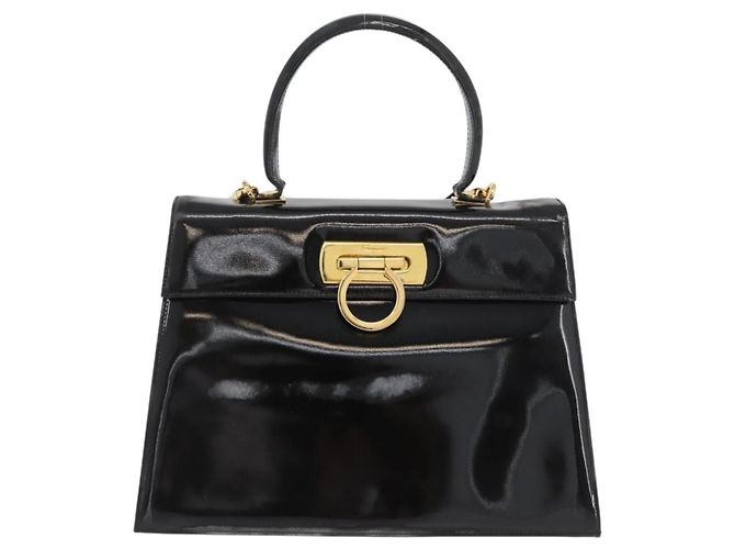 Salvatore Ferragamo Gancini Hand Bag Patent leather 2way Black Gold - vista 13