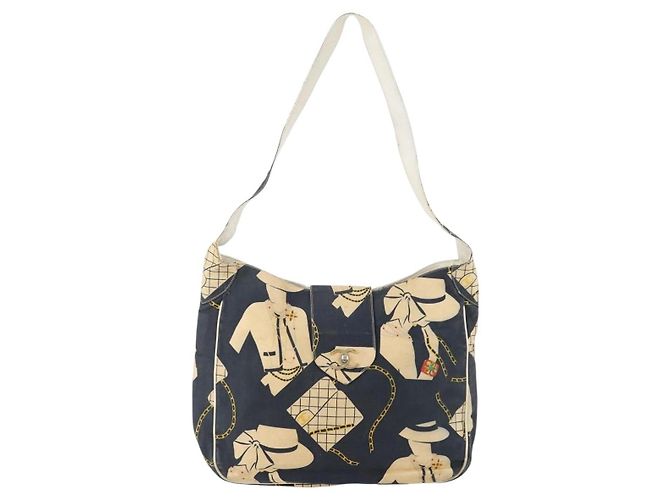Sac à bandoulière CHANEL en toile bleu marine et doré CC - vue 13
