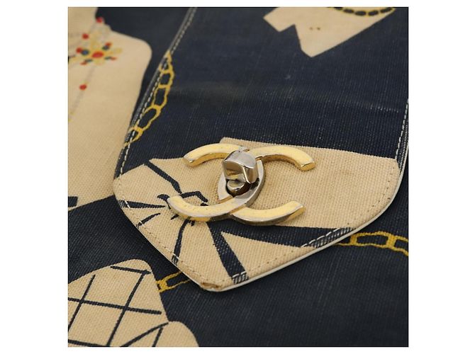 Sac à bandoulière CHANEL en toile bleu marine et doré CC - vue 18