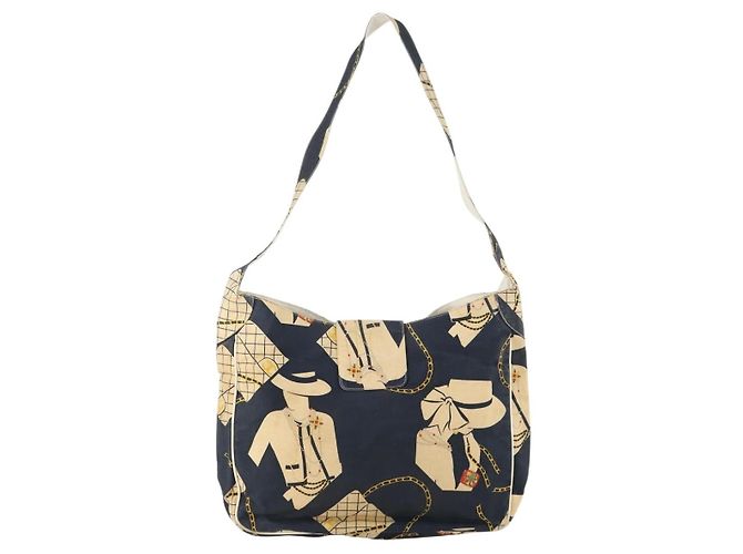 Sac à bandoulière CHANEL en toile bleu marine et doré CC - vue 2