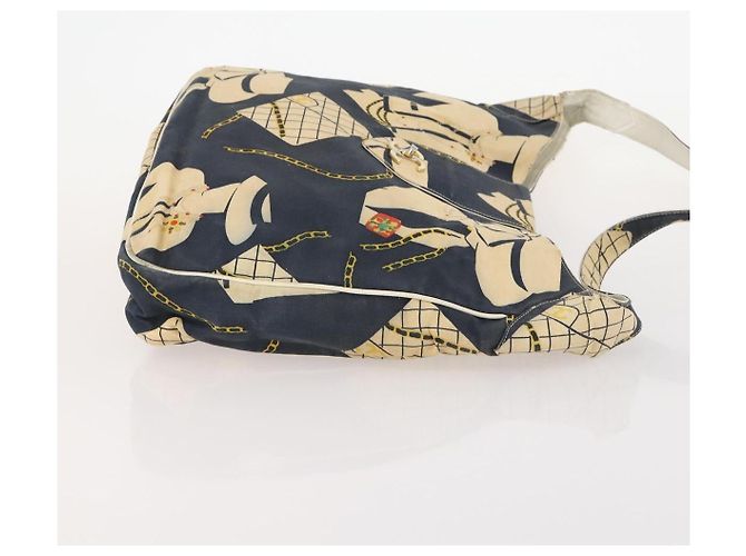 Sac à bandoulière CHANEL en toile bleu marine et doré CC - vue 3