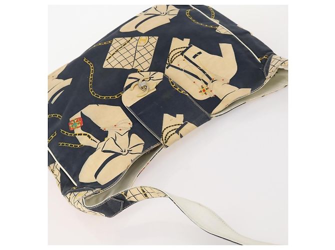 Sac à bandoulière CHANEL en toile bleu marine et doré CC - vue 6