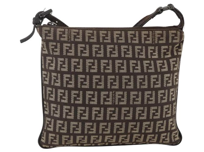 FENDI Zucchino Canvas Shoulder Bag Brown Silver - vista 13