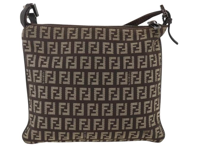 FENDI Zucchino Canvas Shoulder Bag Brown Silver - vista 2
