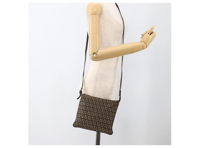 FENDI Zucchino Canvas Shoulder Bag Brown Silver - vista 22