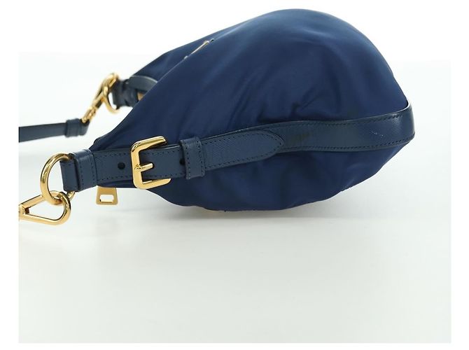 PRADA Shoulder Bag Nylon Leather Blue Gold - vista 4