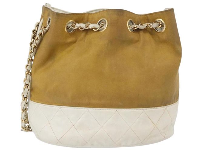 CHANEL Matelasse Drawstring Chain Shoulder Bag Leather Beige Gold CC - vista 13