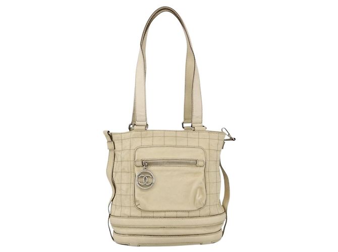 CHANEL Choco Bar Hand Bag Leather Ivory Silver CC - vista 13