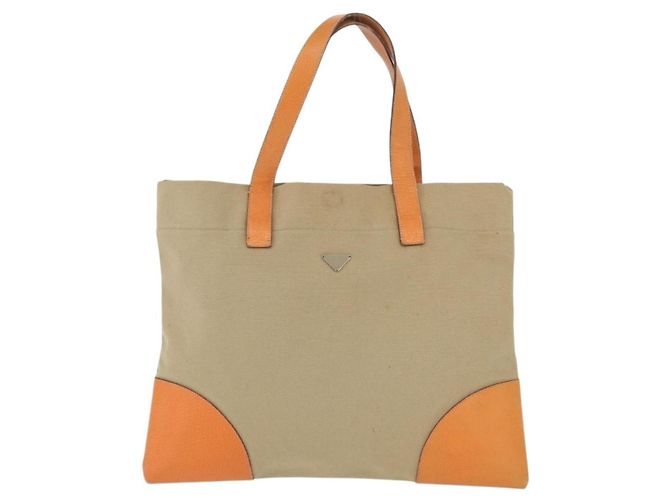 PRADA Tote Bag Canvas Leather Beige Orange Silver - vista 13