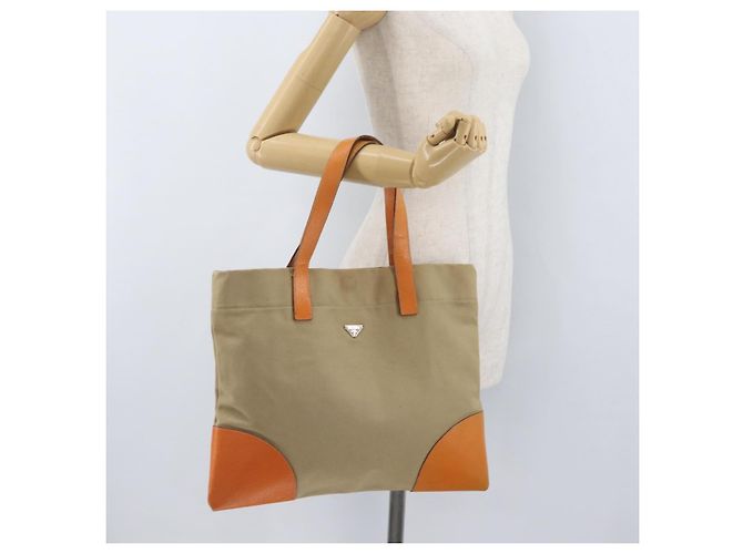 PRADA Tote Bag Canvas Leather Beige Orange Silver - vista 21