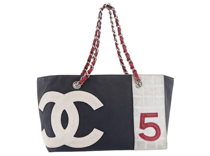 CHANEL Choco Bar Chain Tote Bag No5 Canvas Navy Silver CC - vista 13