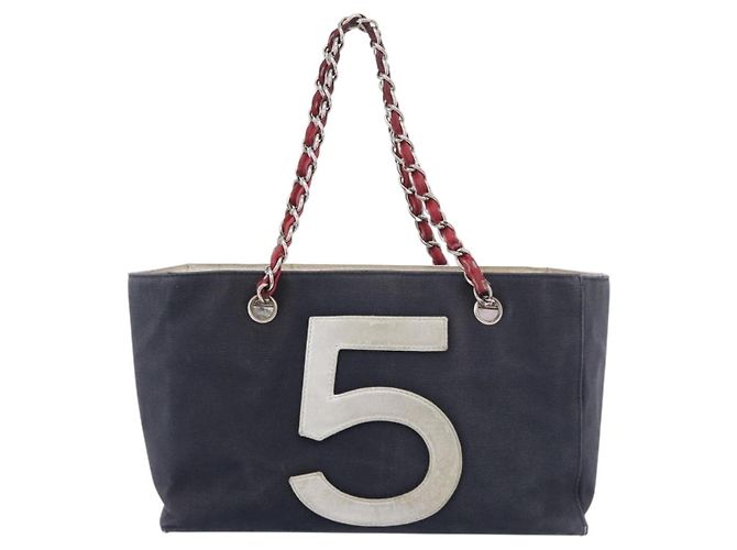 CHANEL Choco Bar Chain Tote Bag No5 Canvas Navy Silver CC - vista 2