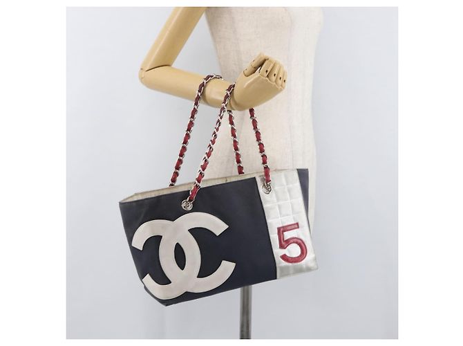 CHANEL Choco Bar Chain Tote Bag No5 Canvas Navy Silver CC - vista 21