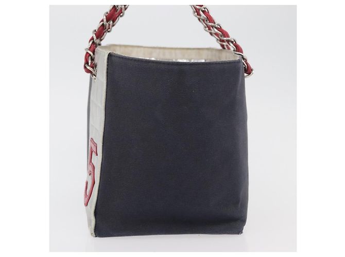 CHANEL Choco Bar Chain Tote Bag No5 Canvas Navy Silver CC - vista 3