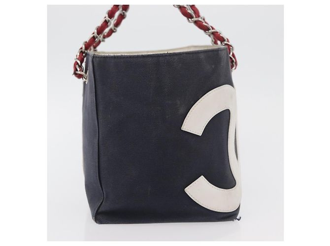 CHANEL Choco Bar Chain Tote Bag No5 Canvas Navy Silver CC - vista 4