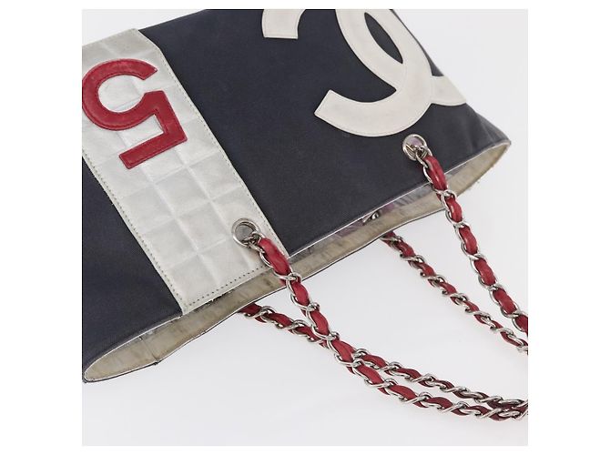 CHANEL Choco Bar Chain Tote Bag No5 Canvas Navy Silver CC - vista 6