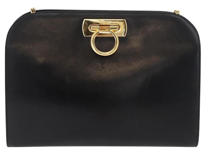 Salvatore Ferragamo Gancini Chain Shoulder Bag Leather Black Gold - vista 13