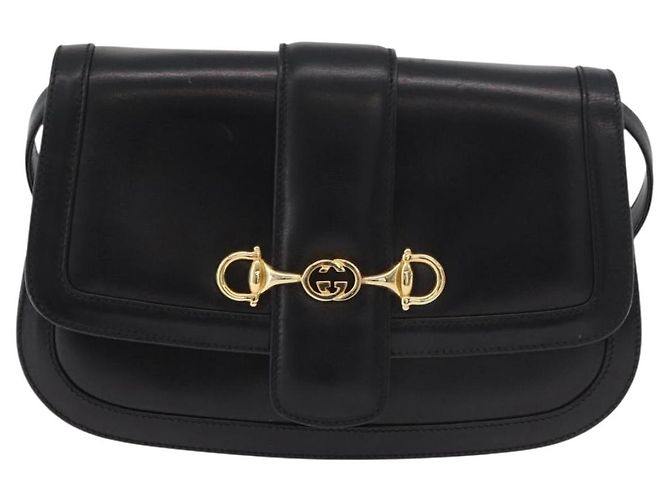 GUCCI Horsebit Shoulder Bag Leather Black Gold - vista 2
