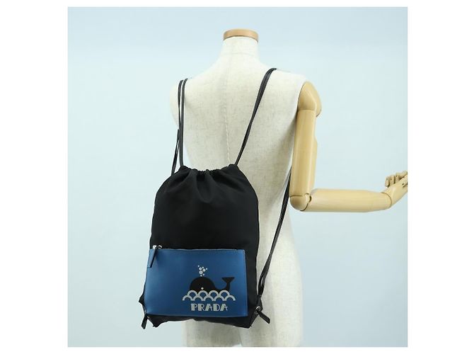 Zaino PRADA in nylon e pelle, nero, blu e argento, autentico 92876 - vista 12