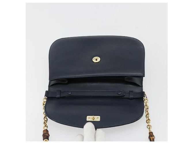 GUCCI Bamboo Chain Shoulder Bag Leather Navy Gold - vista 15