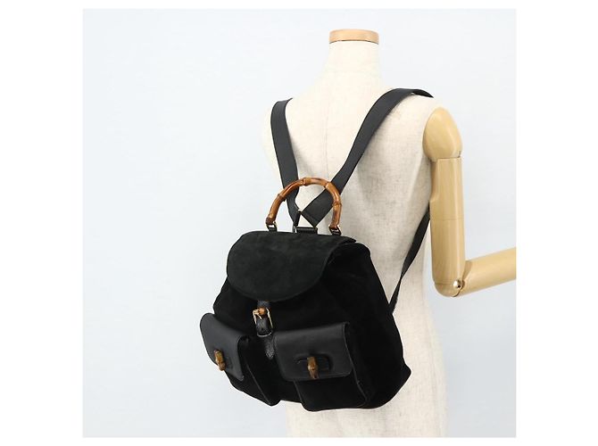GUCCI Bamboo Backpack Suede Leather Black Gold - vista 26