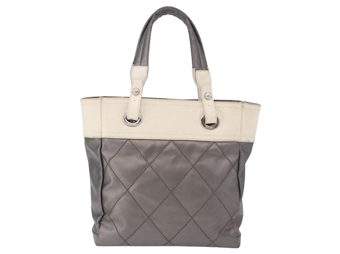 CHANEL Paris Biarritz PM Hand Bag PVC Canvas Gray Silver CC - vista 2