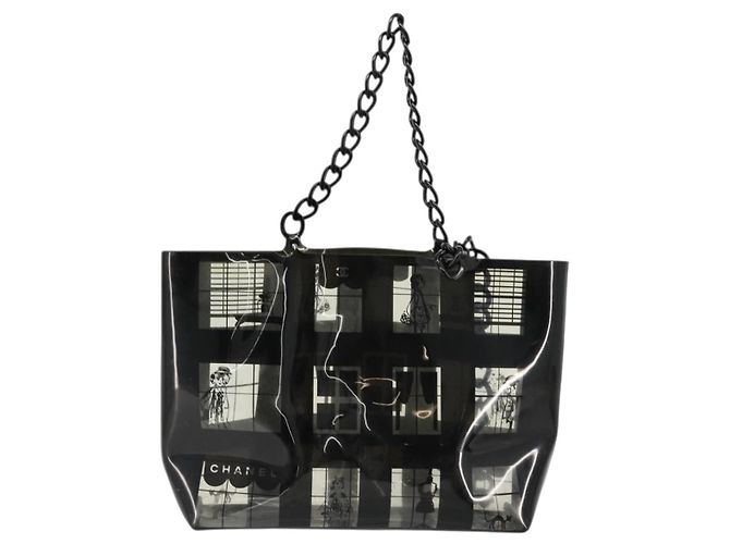 CHANEL Windows Line Chain Shoulder Tote Bag Vinyl Black Silver CC - vista 2