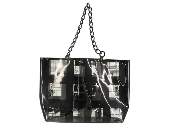 CHANEL Windows Line Chain Shoulder Tote Bag Vinyl Black Silver CC - vista 3