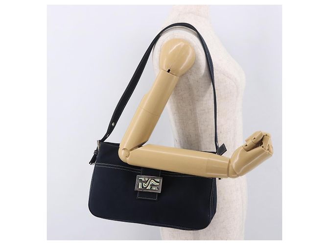 FENDI Mamma Baguette Shoulder Bag Canvas Navy Silver - vista 26