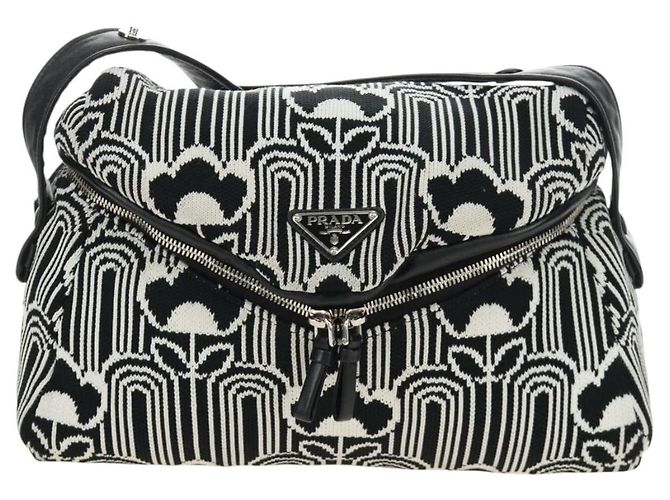 PRADA Shoney Jacquard Shoulder Bag Wool Black White Silver - vista 2
