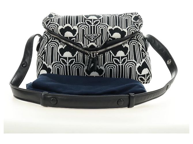 PRADA Shoney Jacquard Shoulder Bag Wool Black White Silver - vista 27